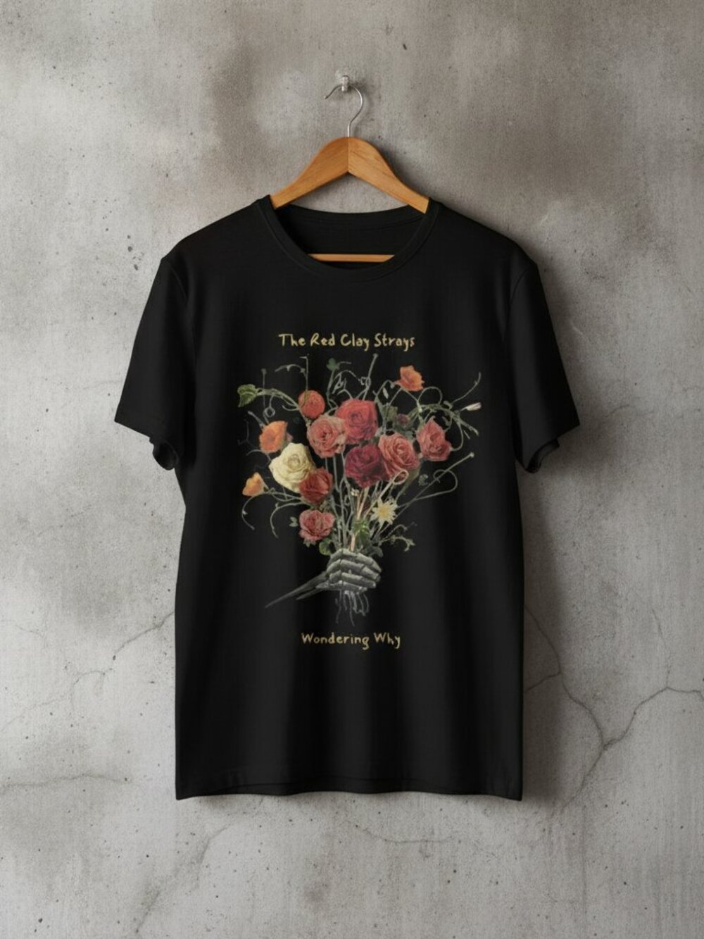 The Red Clay Strays Graphic T-Shirt Black Floral Skeleton Hands Music Band Tee